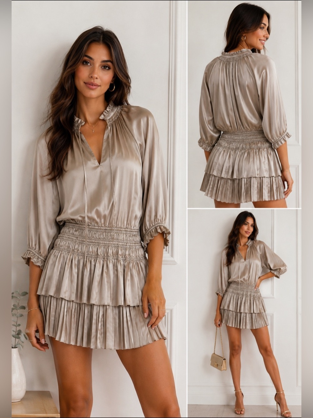 Bishop + Young Satin Ruffle Blouse Champagne Pleated Waist XS Elegant Top